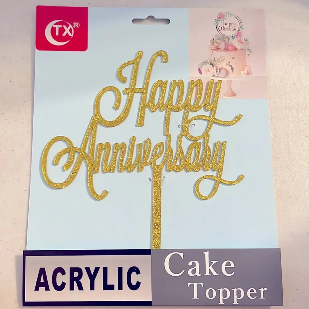 NIB Acrylic “Happy Anniversary” Glittery Gold Cake Topper